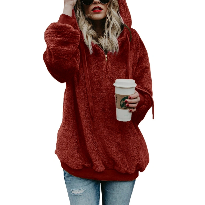 Women Velvet Hoodues Warm Plush Pocket Street Hooded Loose Coat Women′s Clothing Hoodies Sweatshirts