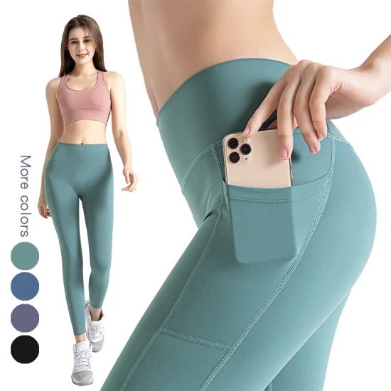 Yoga-Fitnesshose für Damen, hohe Taille, Hüftlift, pfirsichfarbene HIPS, doppelte Seitentaschen, nackte Sporthose, Workout, schwarze Leggings