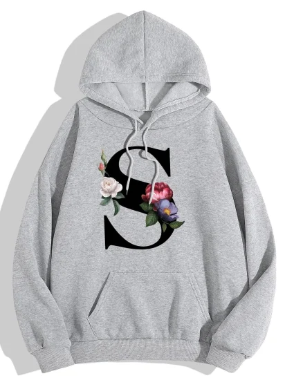 2022 Neues Design mit Buchstaben- und Blumendruck, Kängurutasche, Kordelzug, Thermo-Hoodie für Damen, Kapuzenpullover mit Kordelzug