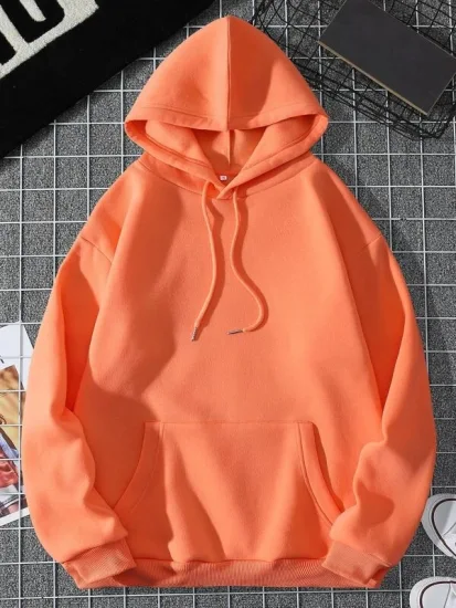 OEM-Herstellung, kundenspezifisches Design, Unisex, einfarbig, Orange, 100 % Polyester, normale Ärmel, Kordelzug, Kängurutasche, Thermo-gefütterte Pullover-Hoodies